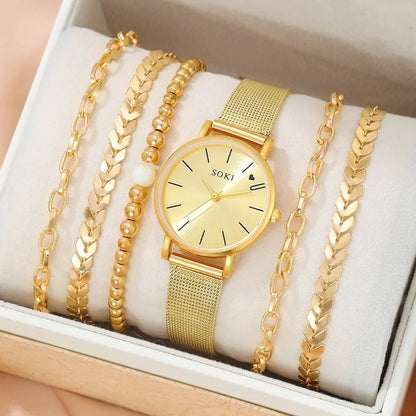 Kit 6 Peças Quartzo Prata Relógio Feminino e Pulseiras Vanny