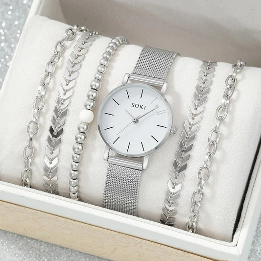 Kit 6 Peças Quartzo Prata Relógio Feminino e Pulseiras Vanny