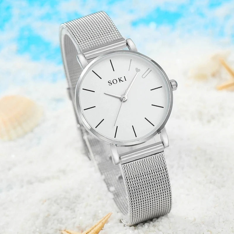 Kit 6 Peças Quartzo Prata Relógio Feminino e Pulseiras Vanny
