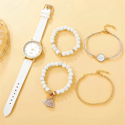 Relógio Quartz Couro Feminino + Brinde 4 Pulseiras Vanny