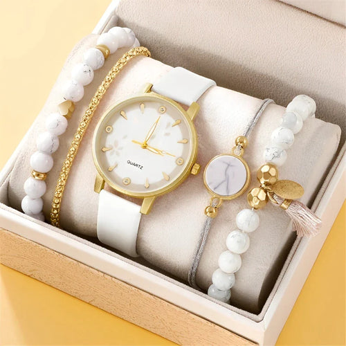 Relógio Quartz Couro Feminino + Brinde 4 Pulseiras Vanny