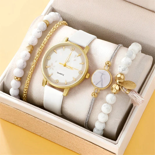Relógio Quartz Couro Feminino + Brinde 4 Pulseiras Vanny